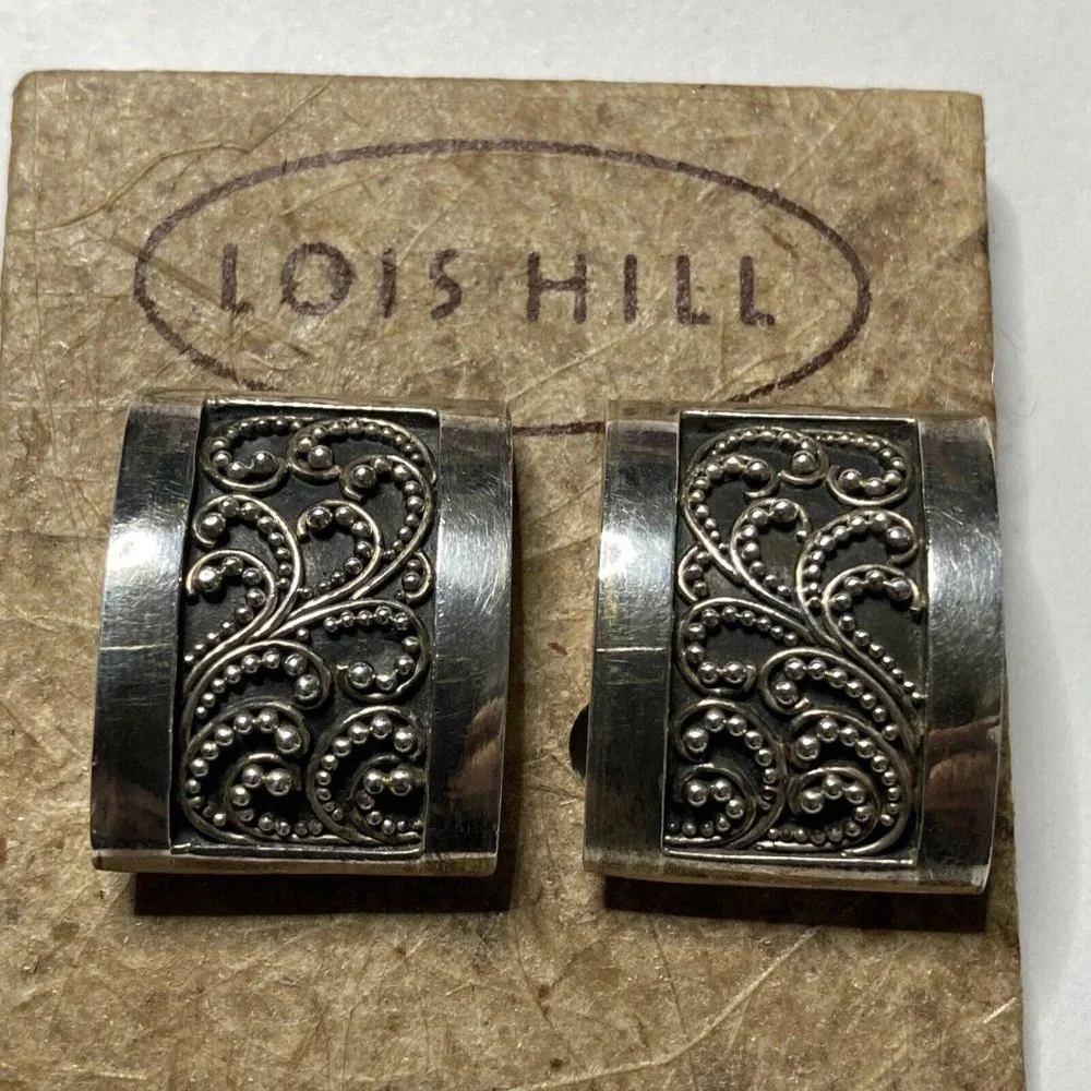 Vintage Lois Hill Curved Rectangular Sterling Granulated Clip Earrings